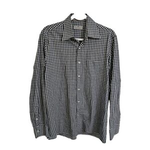 Canali Shirt Mens Medium Black Blue Check Button Up Long Sleeve Cotton Pocket